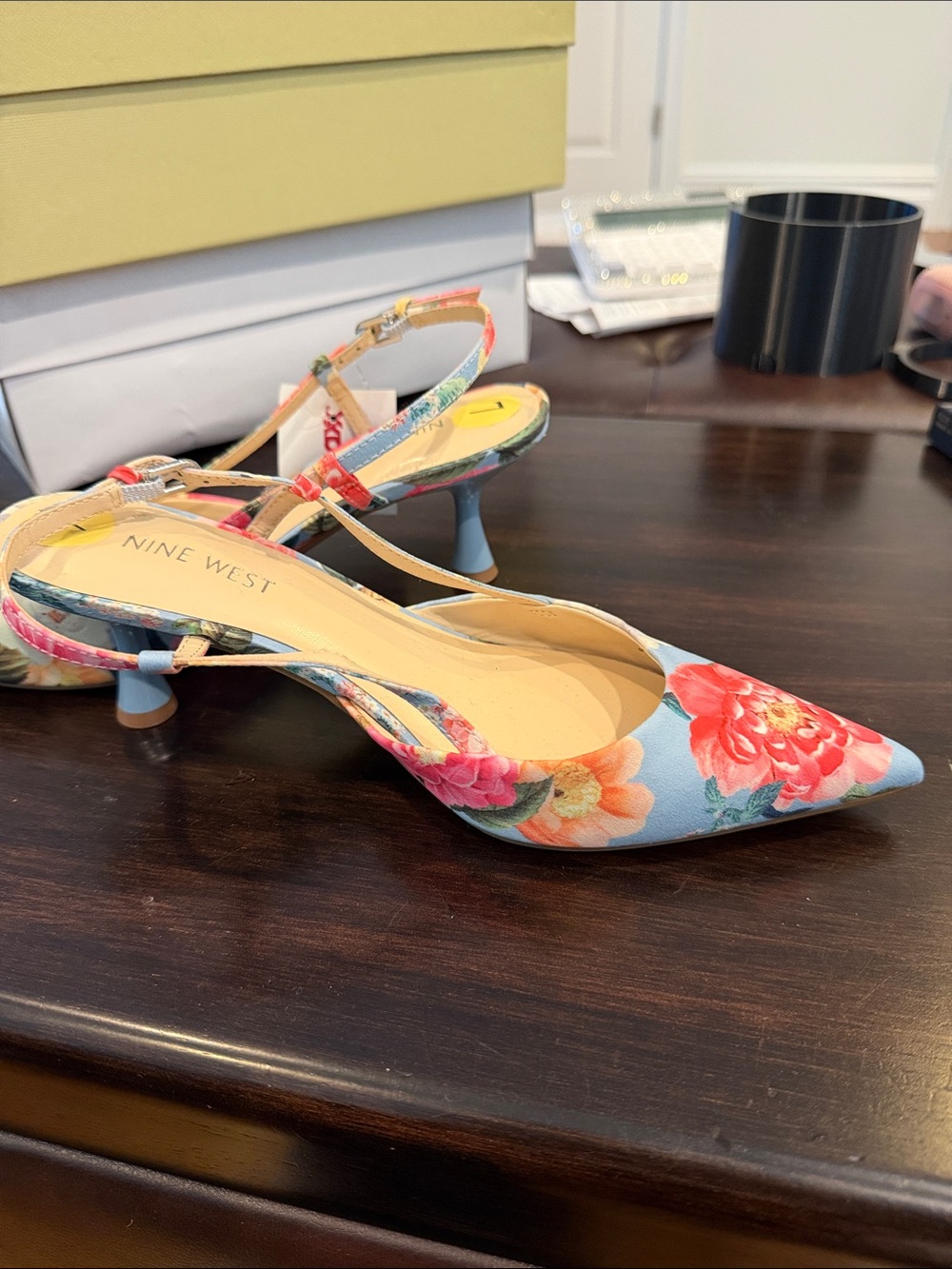 Nine West Floral Pointed Slingback Heels in Light Blue and Coral